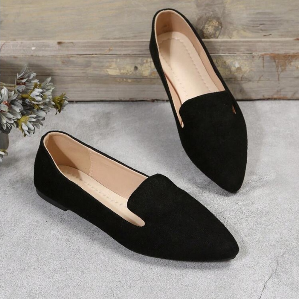 Women's Pointed Toe Slip-On Black Flats, Elegant Everyday Office Black Suede